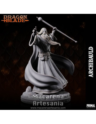 Archibauld lanzando hechizos en miniatura fantasy de alta calidad.