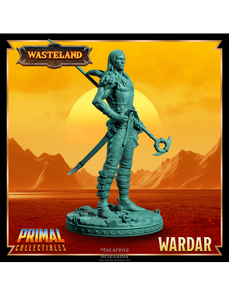 Miniatura de elfo guerrero con espada y báculo.