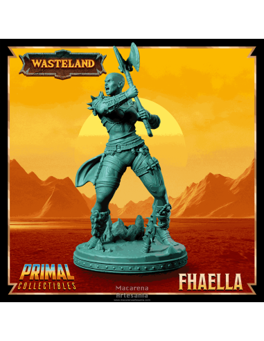 Escultura de Fhaella con base escénica rocosa postapocalíptica