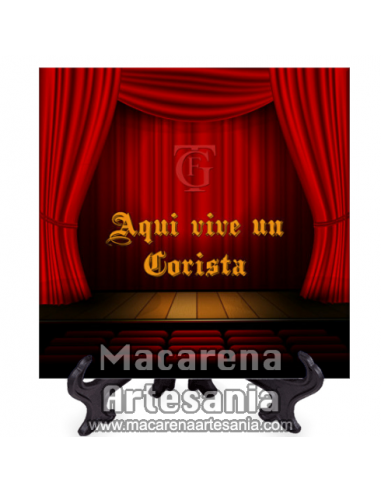 Azulejo con emblema del Gran Teatro Falla de Cádiz y el texto Aqui vive un Corista.Somos Fabricantes.