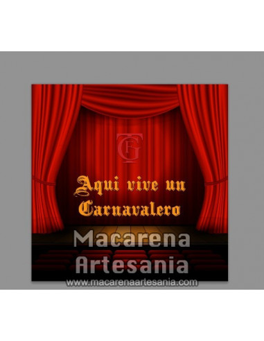 Azulejo con emblema del Gran Teatro Falla de Cádiz y el texto Aqui vive un Carnavalero.