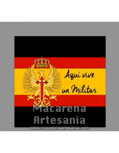 Azulejo cuadrado con el texto Aqui vive un militar con emblema del Ejercito de Tierra Español-Mod:negro