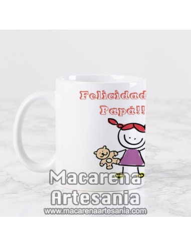 Taza ideal para regalo del padre de cerámica con el texto "Felicidades Papa y feliz día del padre" en venta en nuestra tienda