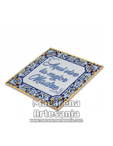 Azulejo cuadrado con el texto Aquí vive la mejor madre. Solo en venta en nuestra tienda online. Somos Fabricantes.