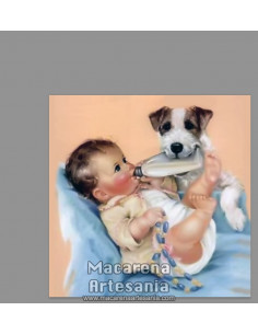 Azulejo cuadrado de niño con perro vintage, solo en venta en nuestra tienda online.