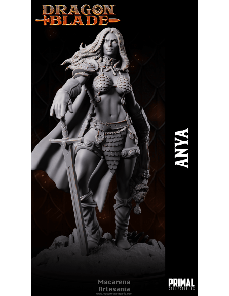 Detalle de impresión 3D de Anya Bárbara Humana, miniatura fantasy para pintar o coleccionar.